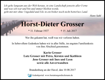 Traueranzeige von Horst-Dieter Grosser von Märkische Oderzeitung