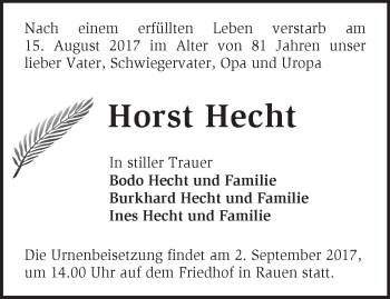 Traueranzeige von Horst Hecht von Märkische Oderzeitung