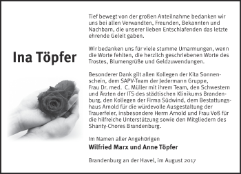 Traueranzeige von Ina Töpfer von Märkische Oderzeitung