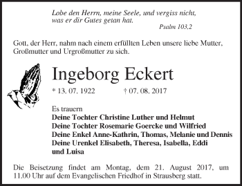 Traueranzeige von Ingeborg Eckert von Märkische Oderzeitung