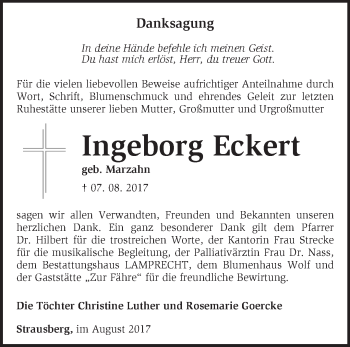 Traueranzeige von Ingeborg Eckert von Märkische Oderzeitung