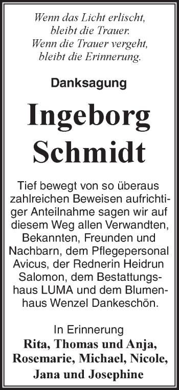 Traueranzeige von Ingeborg Schmidt von Märkische Oderzeitung