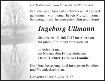 Traueranzeige von Ingeborg Ullmann von Märkische Oderzeitung