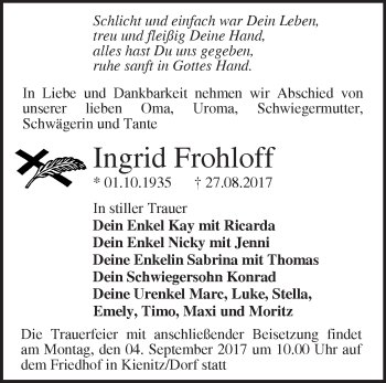 Traueranzeige von Ingrid Frohloff von Märkische Oderzeitung