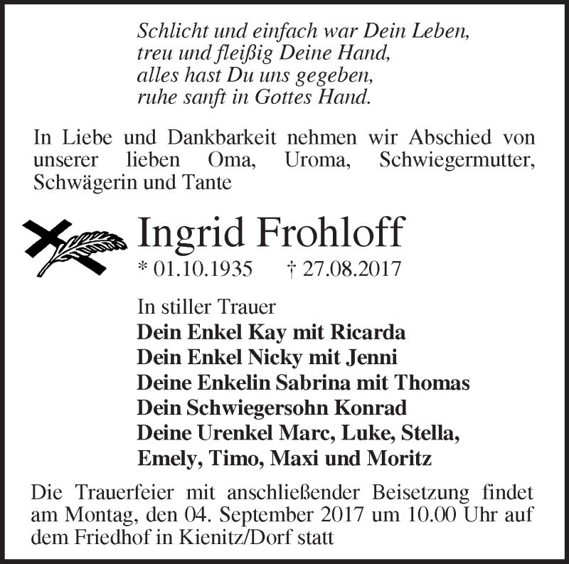  Traueranzeige für Ingrid Frohloff vom 30.08.2017 aus Märkische Oderzeitung