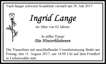 Traueranzeige von Ingrid Lange von Märkische Oderzeitung