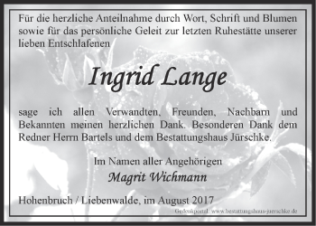 Traueranzeige von Ingrid Lange von Märkische Oderzeitung