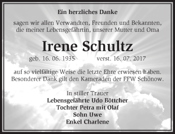 Traueranzeige von Irene Schultz von Märkische Oderzeitung