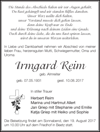 Traueranzeige von Irmgard Reim von Märkische Oderzeitung