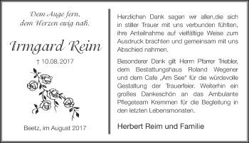 Traueranzeige von Irmgard Reim von Märkische Oderzeitung