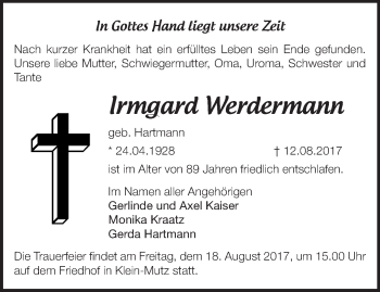 Traueranzeige von Irmgard Werdermann von Märkische Oderzeitung