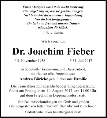 Traueranzeige von Joachim Fieber von Märkische Oderzeitung