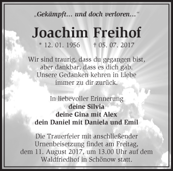 Traueranzeige von Joachim Freihof von Märkische Oderzeitung