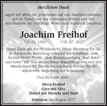 Traueranzeige von Joachim Freihof von Märkische Oderzeitung