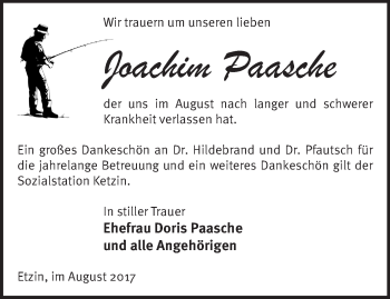 Traueranzeige von Joachim Paasche von Märkische Oderzeitung