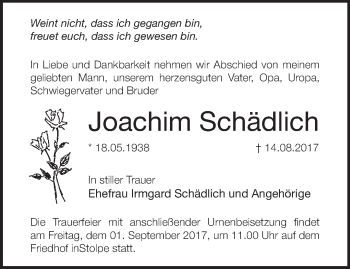 Traueranzeige von Joachim Schädlich von Märkische Oderzeitung