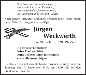 Traueranzeige von Jürgen Weckwerth von Märkische Oderzeitung