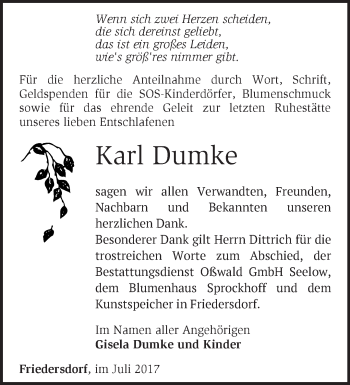 Traueranzeige von Karl Dumke von Märkische Oderzeitung