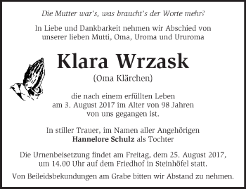 Traueranzeige von Klara Wrzask von Märkische Oderzeitung