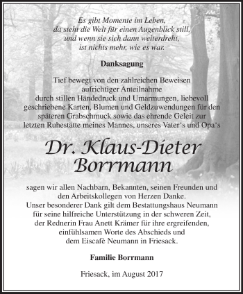 Traueranzeige von Klaus-Dieter  Borrmann von Märkische Oderzeitung