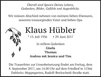 Traueranzeige von Klaus Hübler von Märkische Oderzeitung