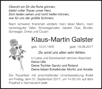 Traueranzeige von Klaus-Martin Galster von Märkische Oderzeitung