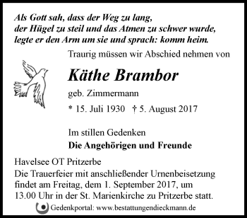 Traueranzeige von Käthe Brambor von Märkische Oderzeitung