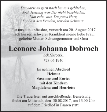 Traueranzeige von Leonore Johanna Dobroch von Märkische Oderzeitung