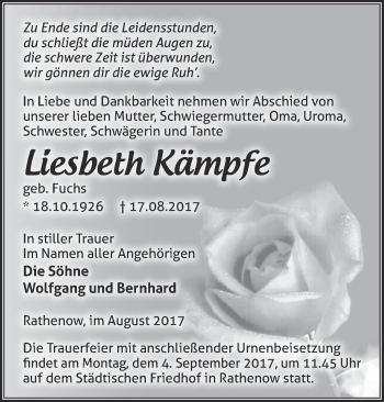 Traueranzeige von Liesbeth Kämpfe von Märkische Oderzeitung