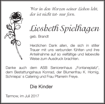 Traueranzeige von Liesbeth Spielhagen von Märkische Oderzeitung