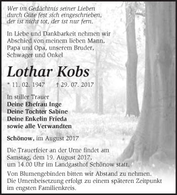 Traueranzeige von Lothar Kobs von Märkische Oderzeitung