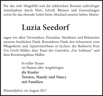 Traueranzeige von Luzia Seedorf von Märkische Oderzeitung