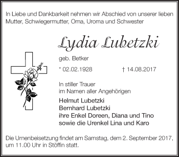 Traueranzeige von Lydia Lubetzki von Märkische Oderzeitung