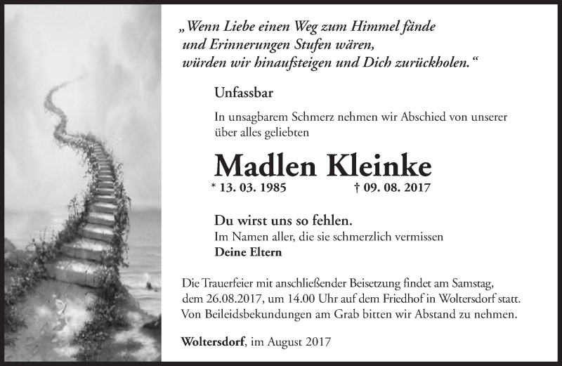  Traueranzeige für Madlen Kleinke vom 18.08.2017 aus Märkische Oderzeitung