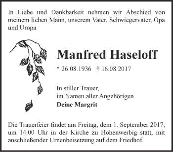 Traueranzeige von Manfred Haseloff von Märkische Oderzeitung