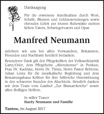 Traueranzeige von Manfred Neumann von Märkische Oderzeitung