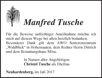 Traueranzeige von Manfred Tusche von Märkische Oderzeitung