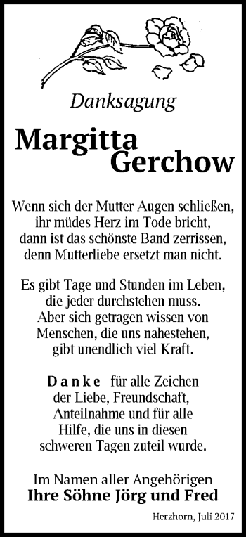 Traueranzeige von Margitta Gerchow von Märkische Oderzeitung