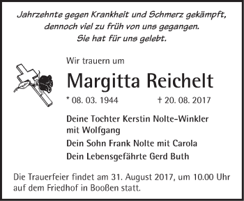 Traueranzeige von Margitta Reichelt von Märkische Oderzeitung