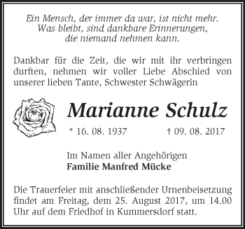 Traueranzeige von Marianne Schulz von Märkische Oderzeitung