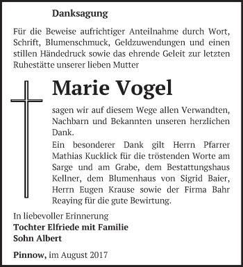 Traueranzeige von Marie Vogel von Märkische Oderzeitung