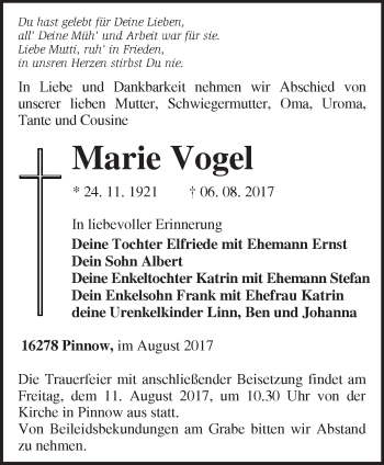 Traueranzeige von Marie Vogel von Märkische Oderzeitung