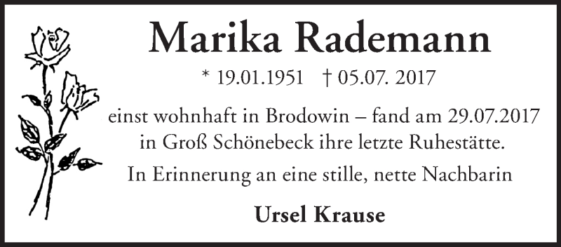  Traueranzeige für Marika Rademann vom 06.08.2017 aus Märkische Oderzeitung