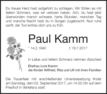 Traueranzeige von Paul Kamm von Märkische Oderzeitung