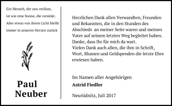 Traueranzeige von Paul Neuber von Märkische Oderzeitung