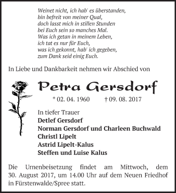 Traueranzeige von Petra Gersdorf von Märkische Oderzeitung