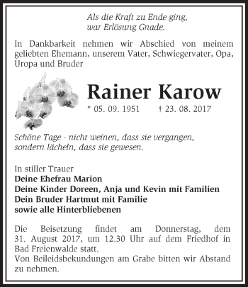 Traueranzeige von Rainer Karow von Märkische Oderzeitung