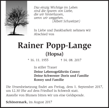 Traueranzeige von Rainer Popp-Lange von Märkische Oderzeitung