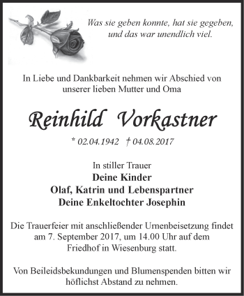 Traueranzeige von Reinhild Vorkastner von Märkische Oderzeitung