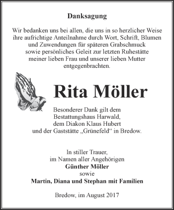 Traueranzeige von Rita Möller von Märkische Oderzeitung